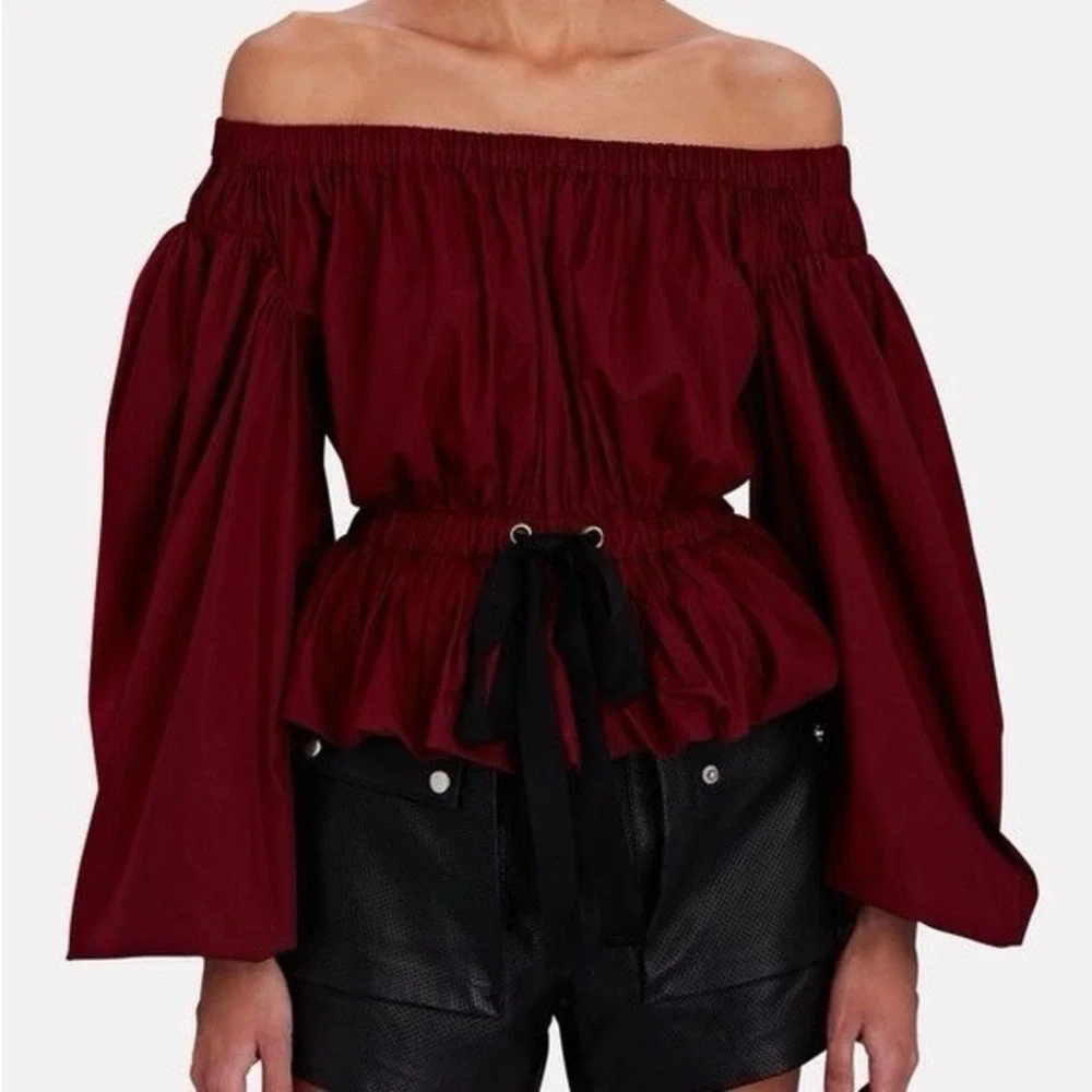 Ulla Johnson Kira Off the Shoulder Poplin Peplum Top Size 2 Burgundy Peasant